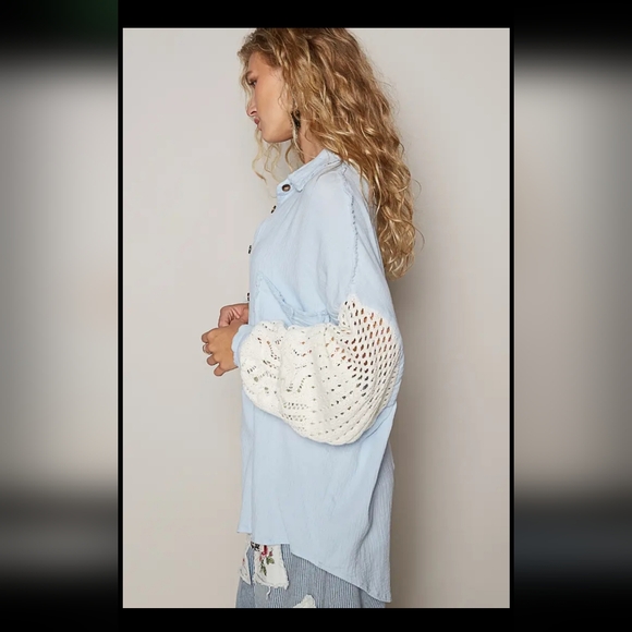 POL Light Blue Button-Up Shirt with Crochet Sleeves - Picture 3 of 6